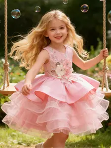 Toddler Girl's Flower Decor Embroidery Contrast Mesh Tiered Layer Party Dress, Elegant Bow Back Sleeveless Round Neck Dress for Party Performance Wedding Guest, Kids Clothes for All Seasons, Princess Seraphina Dress