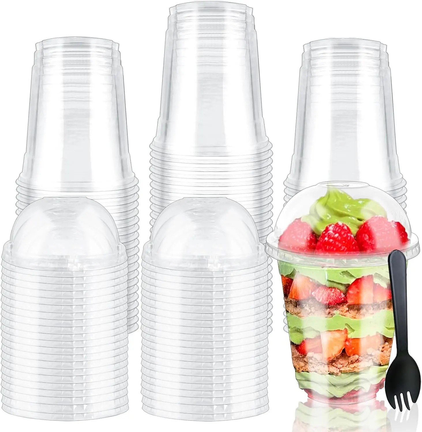 100pcs 12 Oz Plastic Cups with Dome Lids and Sporks,Clear Disposable Dessert Containers for Ice Cream,Fruit,Parfait,Pudding,Yogurt,Jelly,Hole in the Lid,50 Set