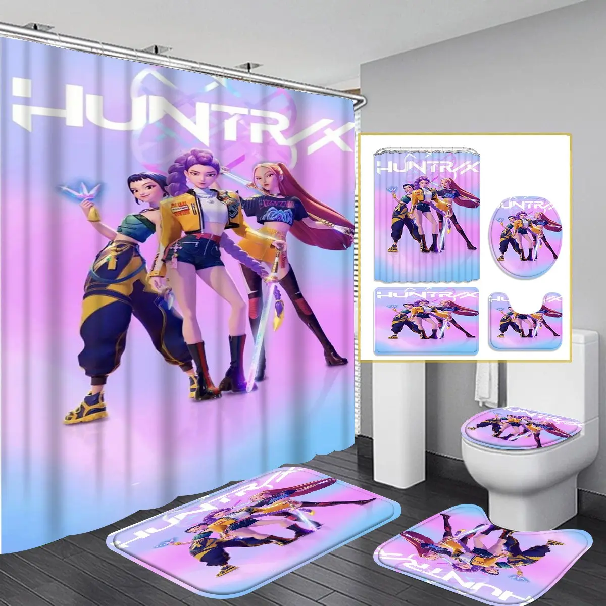 4-Piece Modern Bathroom Curtain Set, Colorful Background Shower Curtains, Includes 12 Hooks, Non-Slip Toilet Mat & U-Shaped Seat Cover, Shower Curtain Sets, Bathroom Decor And Accessories