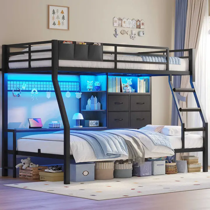 ADORNEVE Twin Over Twin Vertical Stack Bunk Bed for 2 Sleepers - Thick Steel Frame, Charging Station, 4 Drawers, Shelves, Metal Grid Panel, Safety Guardrail, Slanted Ladder, RGB LEDs - Modern Home Decor & Storage Solution
