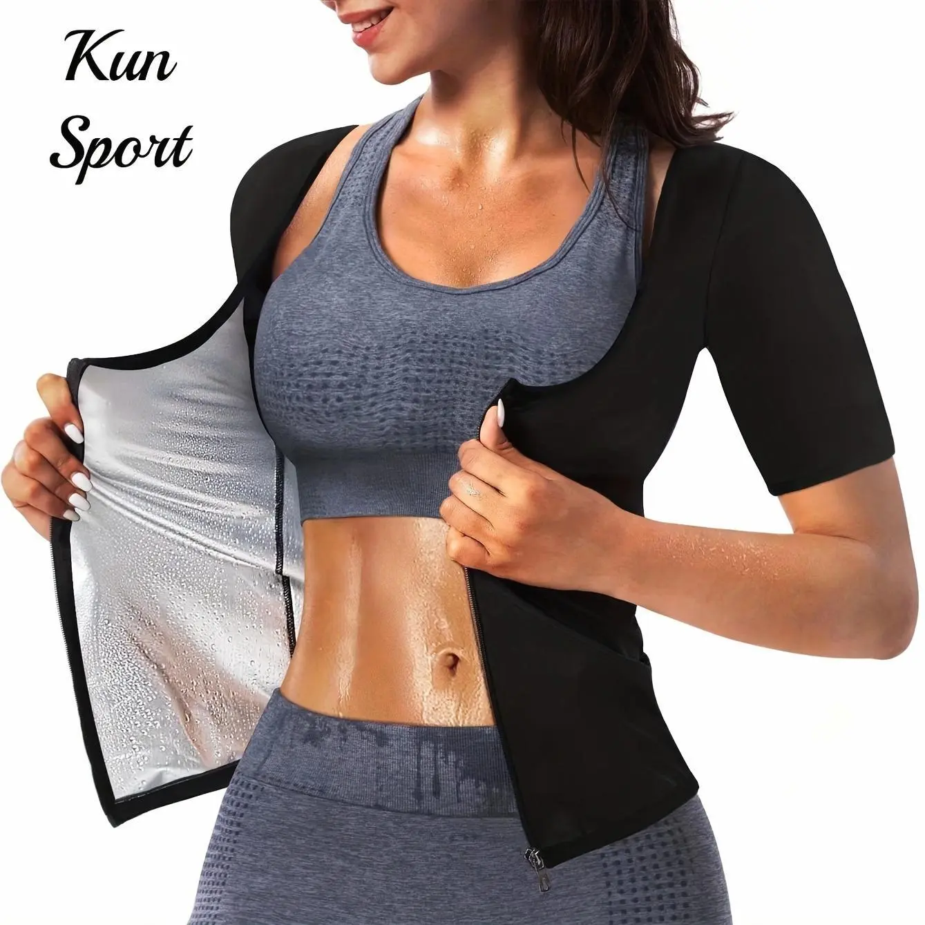 Women'S Short Sleeve Zip Up Solid Color Sauna Suit, Tummy Control Shaping Fitness Wear for Yoga Running, Sexy Workout Sportswear with Professional Sauna Effect