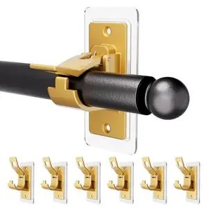 6PCS Self Adhesive Curtain Rod Bracket, No Drilling Curtain Rod Holders, 20lbs Load Capacity Golden Hangers for Bathroom, Living Room, Kitchen