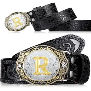 Mens Cowboy Belt with Buckles Western Initial Leather Belts for Men with Letters for Jeans Women Cowgirl Rodeo
