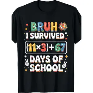 Th Day Of School Apparel Teacher Student I Survived 100 Days School Bruh Groovy Math Equation 67 Meme T-Shirt Men Medium Black.