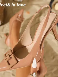 2026 Summer Women's Patent Leather Pointed Toe Slingback Heels, Geometric Square Buckle Stiletto Pumps with Elastic Strap, 3 Colors Elegant Office Party Date Shoes Comfortable elegant women shoes for outdoor wear, suitable for commuting, parties and dates