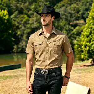 Western workwear short-sleeve shirt for men, featuring two pockets and a turn-down collar; casual shirt. Multi-Country