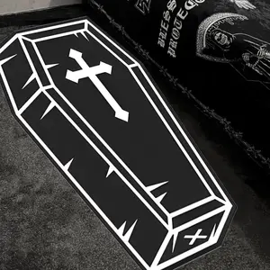 Gothic Style Coffin Shape Cushion Floor Mat with Skull Design, Three Color Options, Unique Irregular Shape for Bedroom and Living Room Decor, Halloween Christmas Decoration