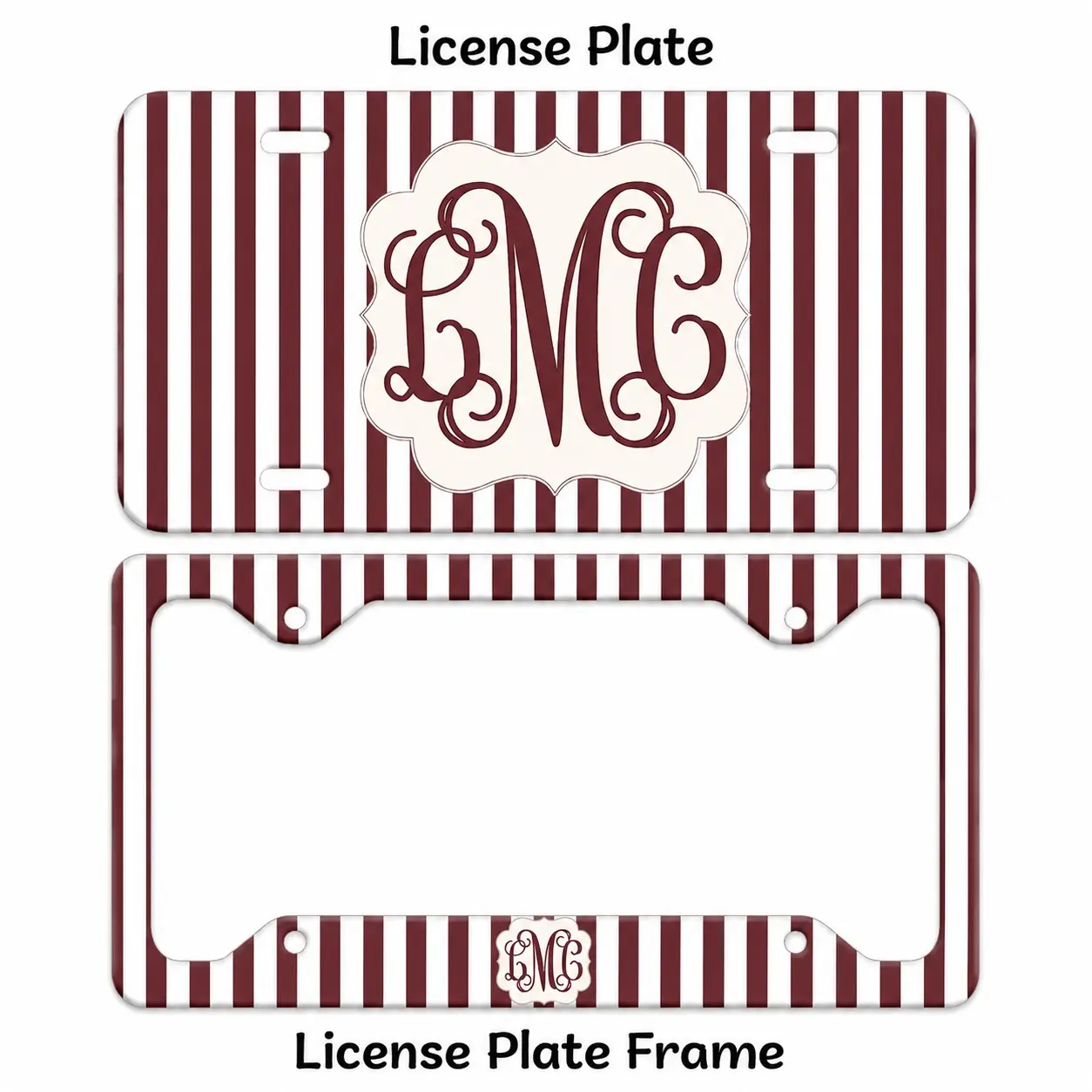 Burgundy Striped Monogram License Plate Frame Custom Car Decor Personalized Plate Cover Gift for Her Aesthetic Accessory
