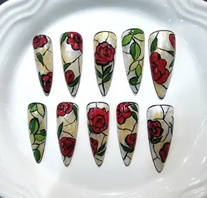 Hand-Painted Enchanted Rose Press on Nails, Gothic Leaf Red Stained Glass Floral Fingernails, Handmade Glossy Tips, Gift For Her on Birthday