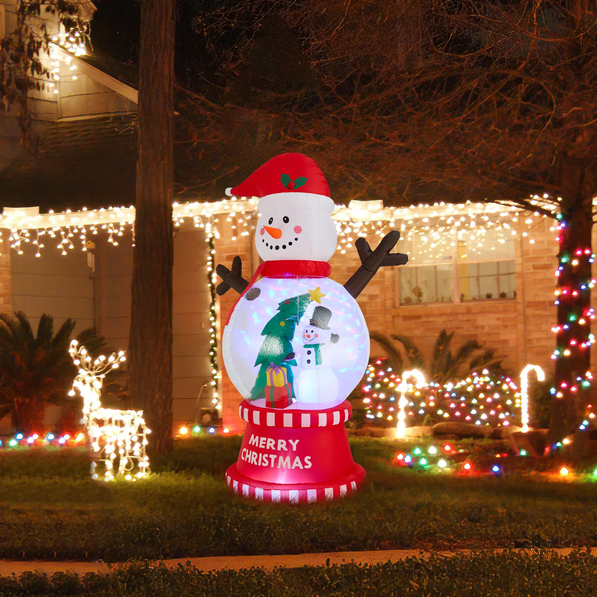 Glitzhome 8FT Lighted Inflatable Snowman Globe Scene Decoration, Nylon Fabric, Waterproof, Transparent, Lightweight, Hat-Included, Energy-Efficient LED Lights, Tethers, Floor Mount, Easy Install Festive Home Decor