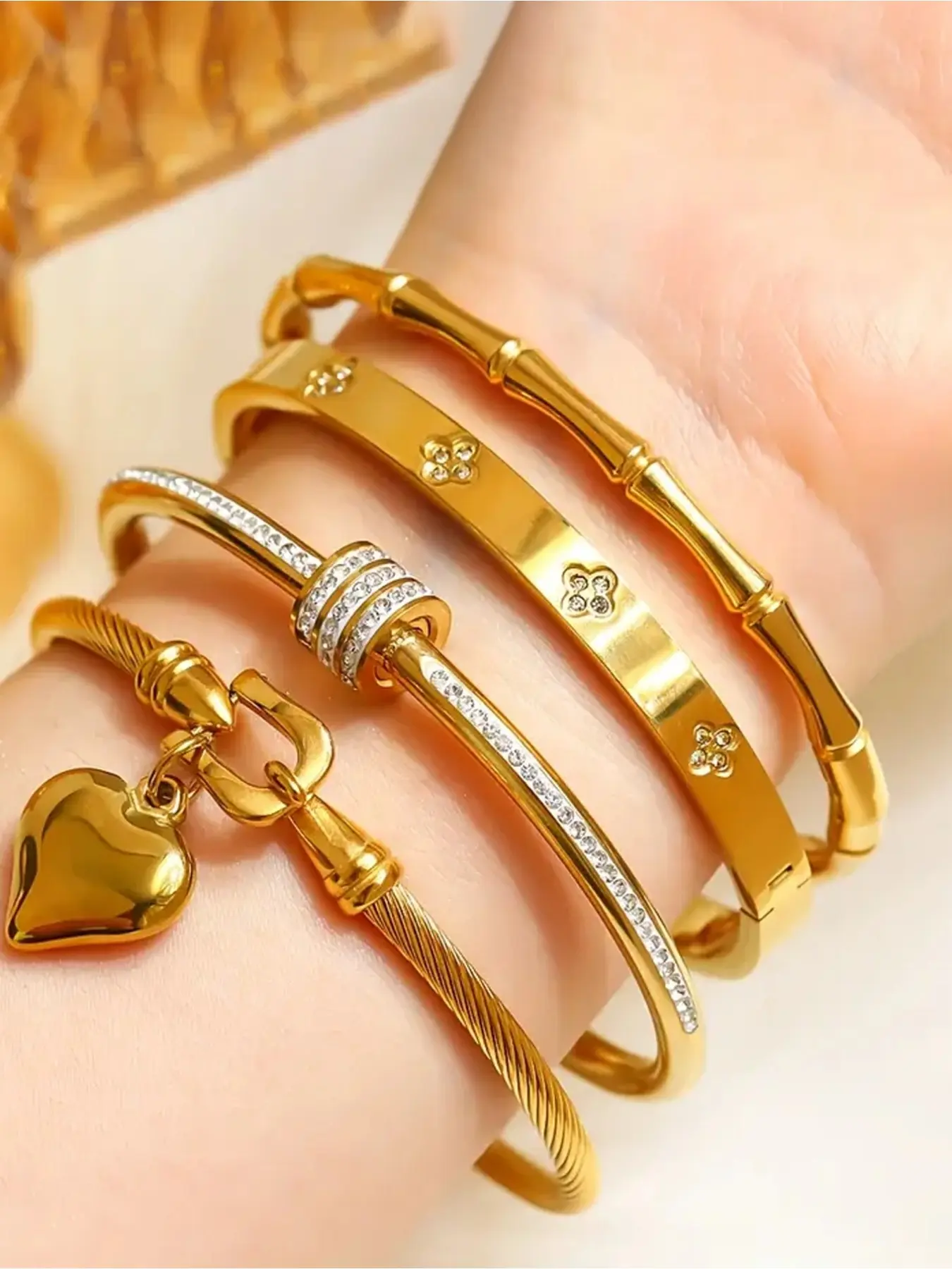 4-piece elegant and luxurious stainless steel bracelet set, a high-quality and fashionable bracelet suitable for both women and men, versatile and durable jewelry for daily travel, Trendy Stack Bangle, Stackable Bracelets
