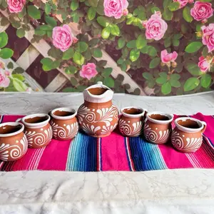 Engove Milk Jug Set Relieve Color Terracota with White Cielito Lindo Handcrafted Ceramic Drinkware for Home Decor Tea Cup