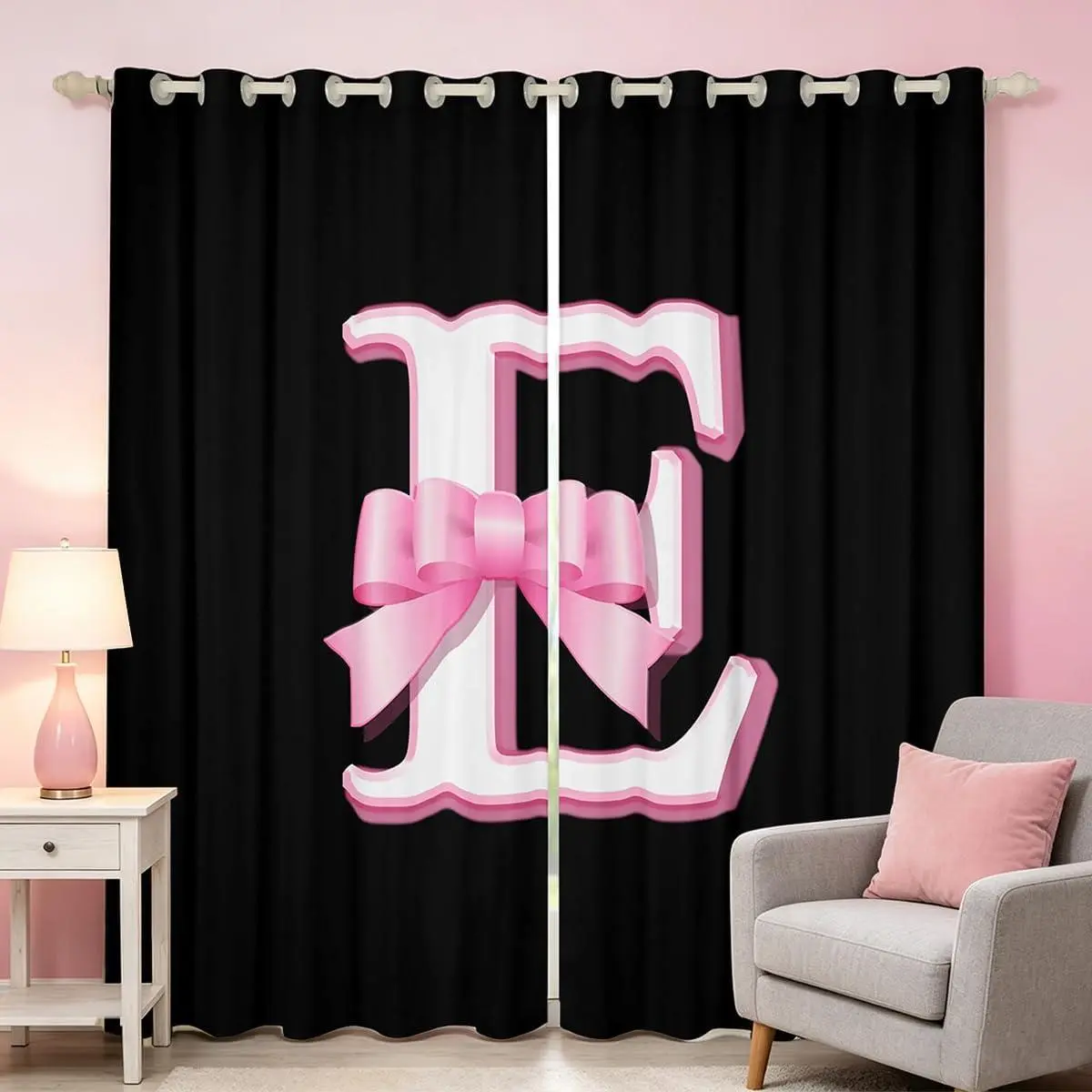 Black Pink Bow Curtain (2 Panels,) Monogrammed Window Drapes Personalized Initial E Blackout Shades Fashion Room Darkening Curtain Bowknot Window Treatments