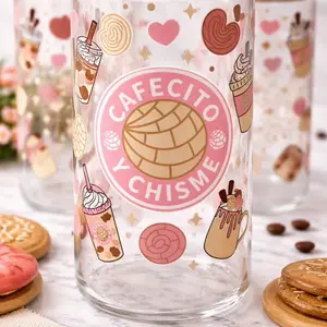 Cafecito Y Chisme Glass Mug with Sweet Dessert Design for Coffee Lovers