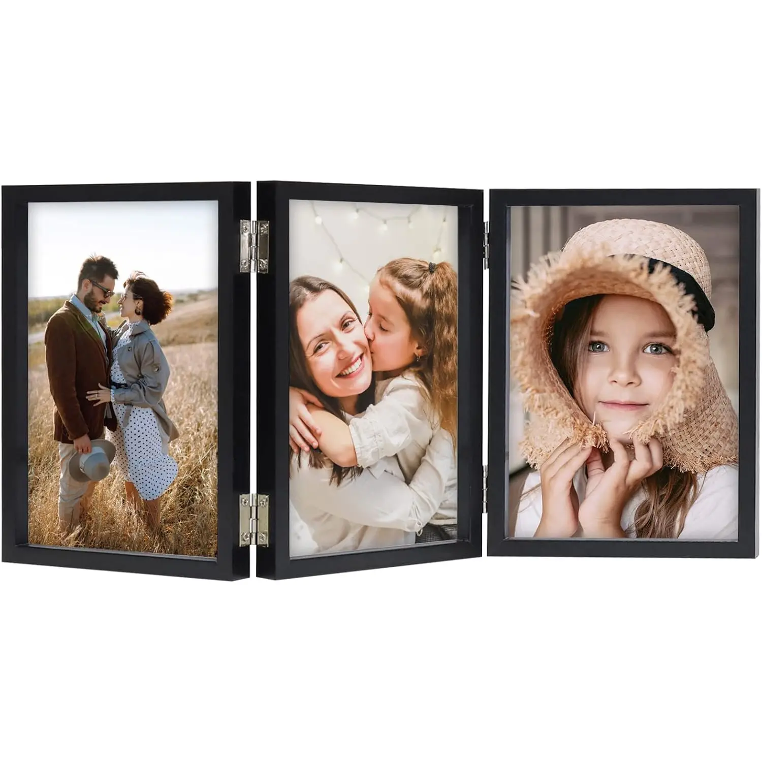 4x6 Triple Picture Frame Hinged 3 Photos – Folding Photo Frame with Real Glass, Vertical Stand Black Collage Frame for Tabletop Display Foldable Frame