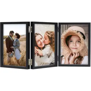 4x6 Triple Picture Frame Hinged 3 Photos – Folding Photo Frame with Real Glass, Vertical Stand Black Collage Frame for Tabletop Display