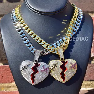 18K Gold Plated Broken Heart Hip Hop Lab Diamond Pendant 30” celebrity Shine Chain