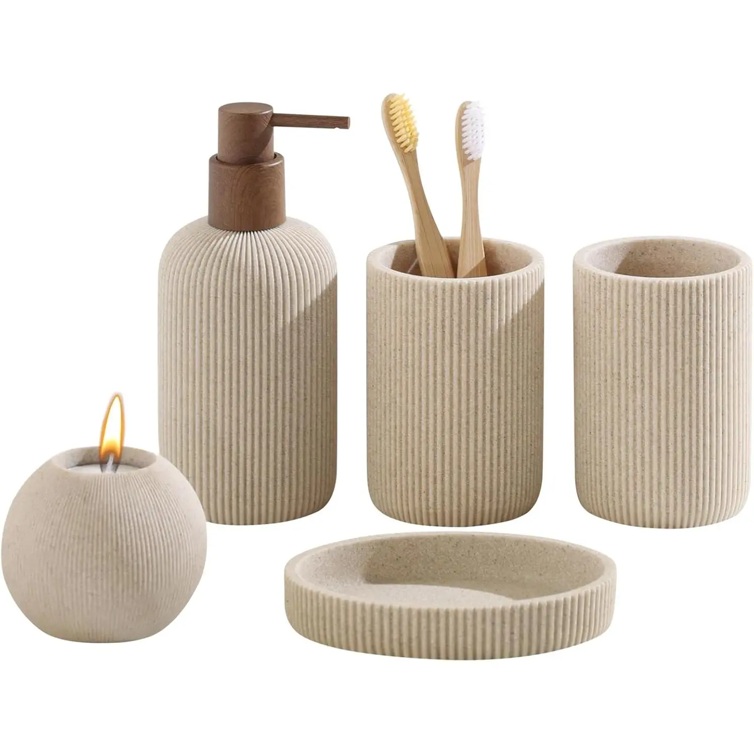 5-Piece Resin Bathroom Accessories Set - Sandstone-Look Stripe, Clean Design Home Decor Bath Decor for Countertop, Includes Soap Dispenser, Toothbrush Holder, Tumbler, Soap Dish, Candle Holder (Beige)