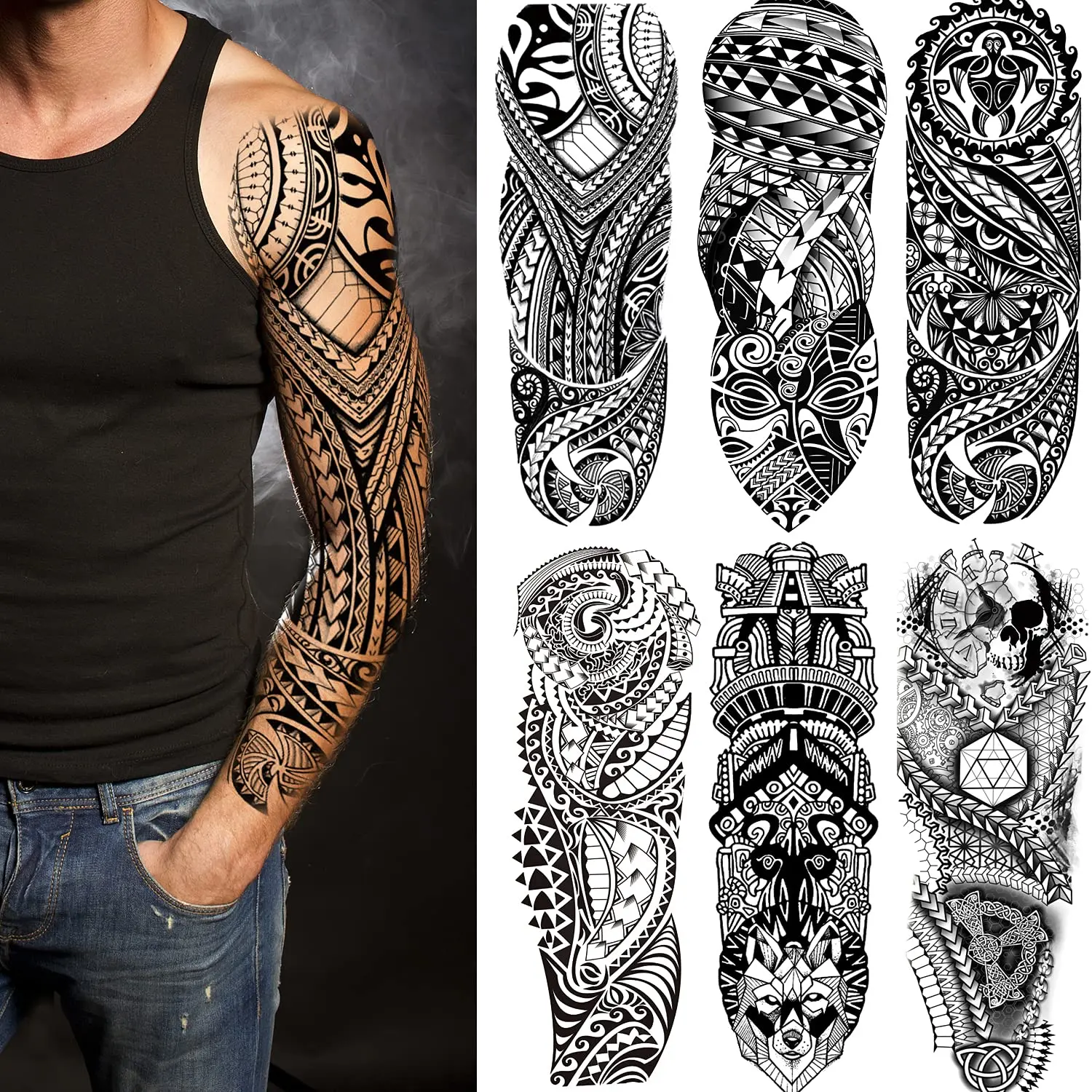6-Sheet Waterproof Long-Lasting Fake Totem Sleeve Tattoos, Full Arm Tribal Temporary Tattoos for Adults - Halloween Party Hats, Masks & Accessories (Home & Festive Supplies), 6 Sheets