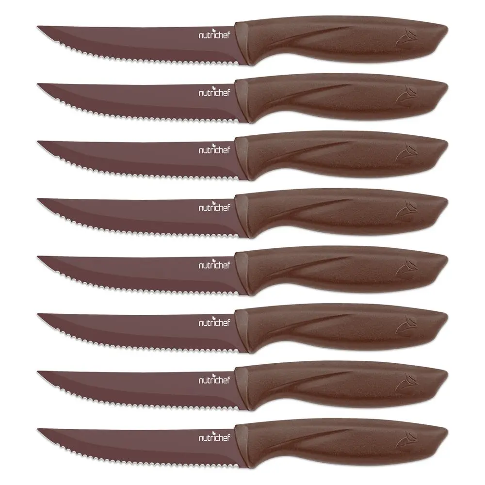 Home Kitchen 8-Piece Stainless Steel Cutlery Set - Thick Blades, Ergonomic Handles, Long-Lasting Sharpness, Non-Stick Coating, Full-Serrated Brown Steak Knives, Firm, Easy, Comfortable Cutting, Dishwasher Safe, Durable