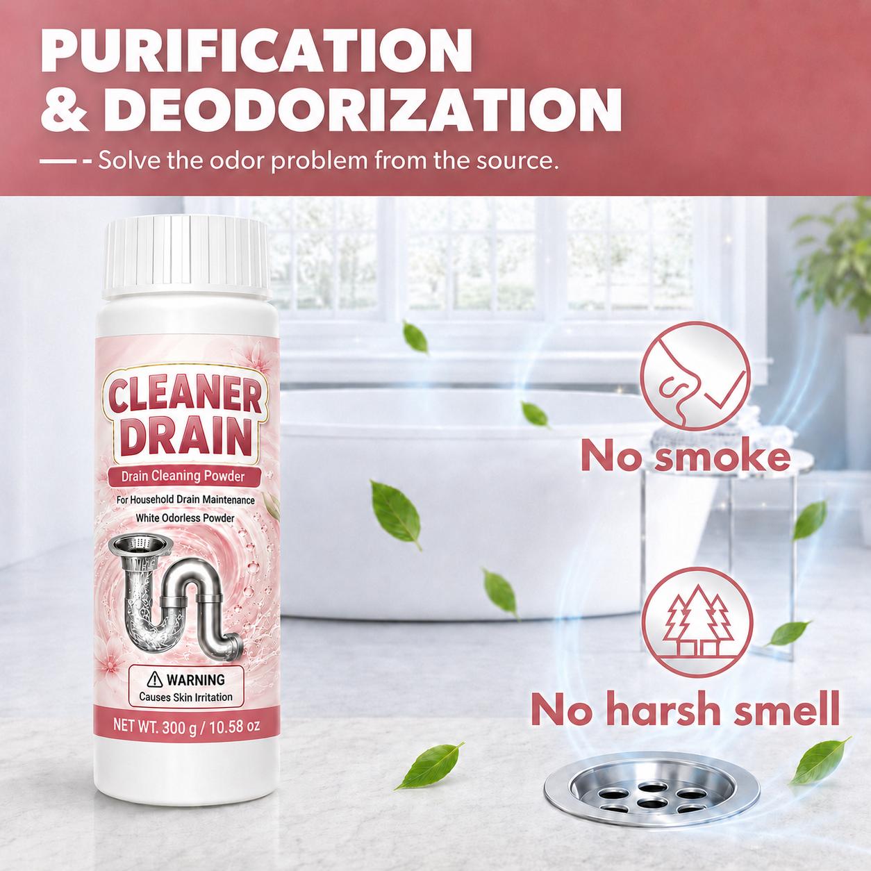Drain Cleaner Powder 300g, White Powder Drain Unblocker for Kitchen Sink, Bathroom Drain, Shower Drain and Utility Pipes, Helps Break Down Hair, Soap Scum, Grease, Food Residue and Odors, Easy Home Drain Care