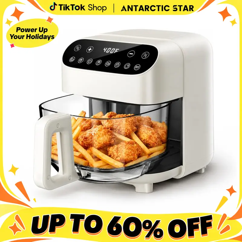 5QT Glass Air Fryer, Non Toxic AirFryer with Digital Touch Control, PFAS Free & BPA-Free, 8-in-1 Air Fryer, 1500W, Portable, Dishwasher Safe Basket, Up to 400°F, 95% Less Oil Cooking, White
