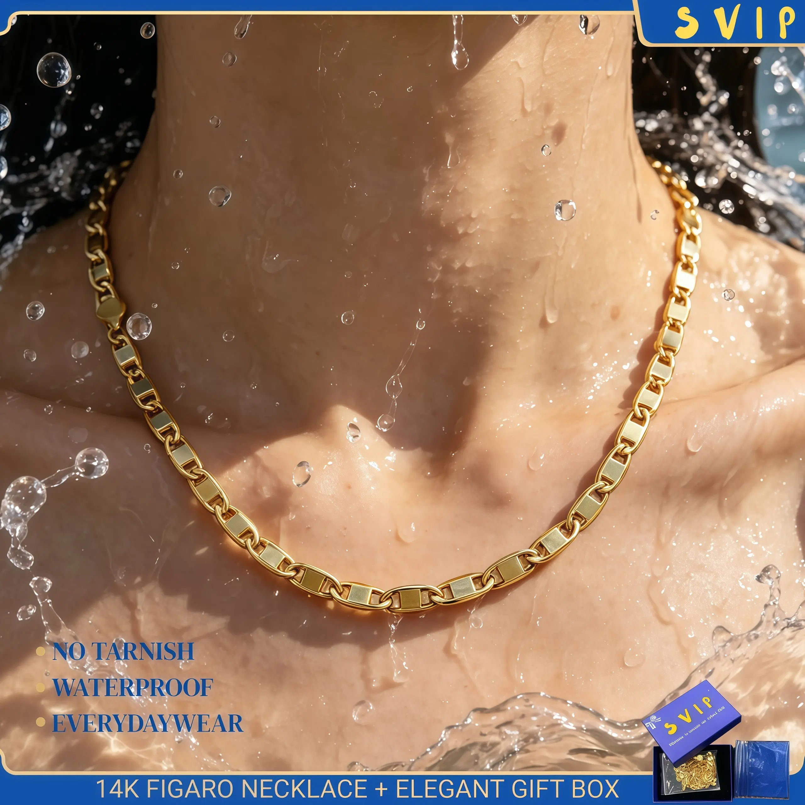 New 14K Gold-Plated Figaro Chain Necklace for Men – 6mm Wide, 24” Italian-Style Cuban Link, Hip-Hop, Streetwear & Everyday Layering Jewelry, Tarnish-Free Nano Coating