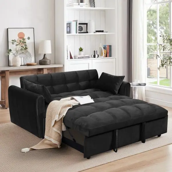 65-inch 3-in-1 Foldable Large-Size Sofa Bed, Modern Velvet Double Sofa, Sofa Bed with Adjustable Back and Pillows, Suitable for Living Room and Bedroom (Black)