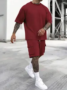 Men's Burgundy 2-Piece Casual Outdoor Set - Short-Sleeve T-Shirt (Ribbed Neckline) + Cargo Shorts (Drawstring Waist & Large Pockets), Breathable Soft Fabric, Relaxed Comfort Fit, Ideal for Summer Park Strolls, Urban Convenience Store Runs, Outdoor Picnics
