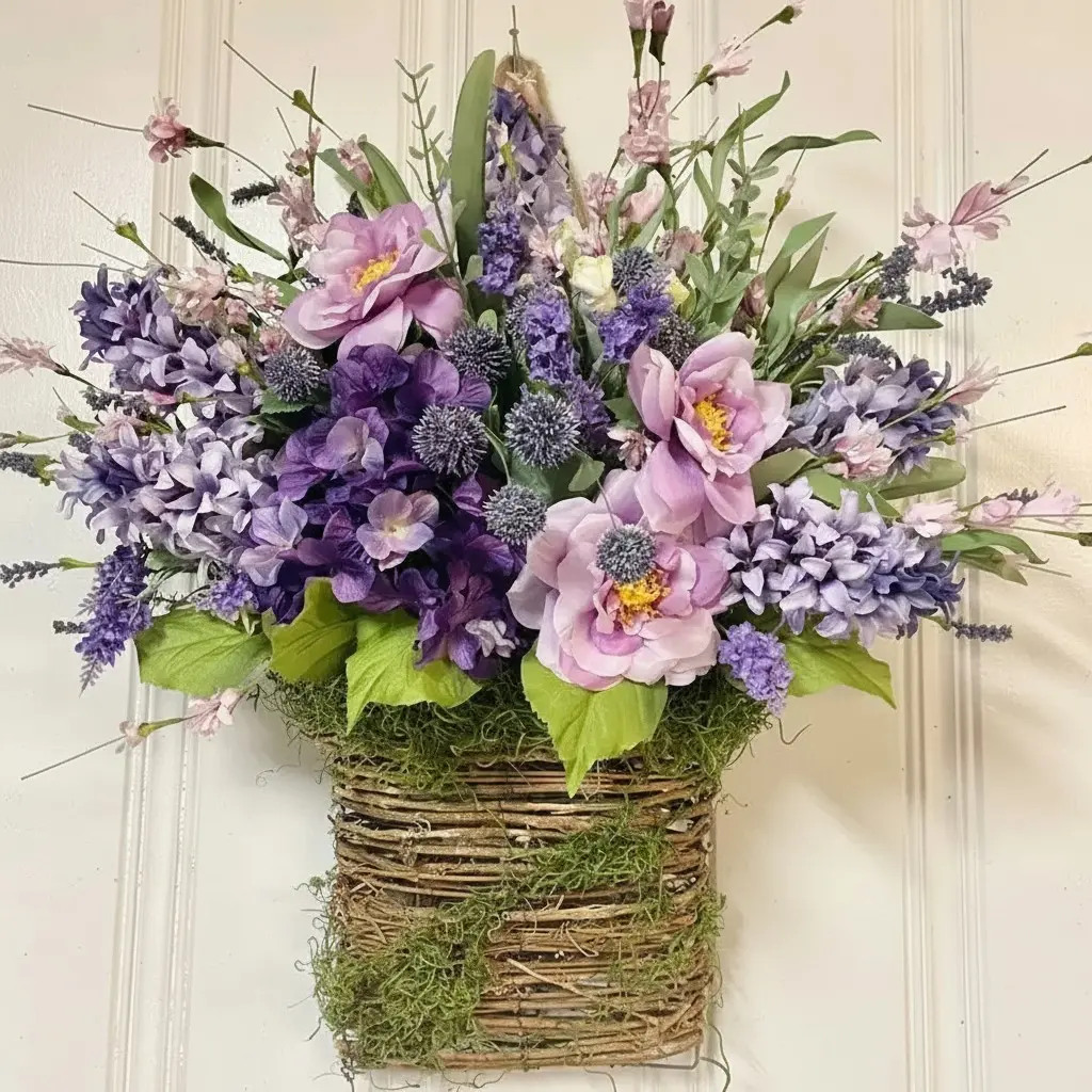 Hydrangea Wicker Basket Door Hanger, Lavender Forsythia Wildflowers, Rustic Style Decorative Flower Basket, Home and Front Door Decoration, Artificial Hanging Baskets, Decorative Hanging Piece, Plastic Material