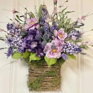 Hydrangea Wicker Basket Door Hanger, Lavender Forsythia Wildflowers, Rustic Style Decorative Flower Basket, Home and Front Door Decoration, Plastic Material