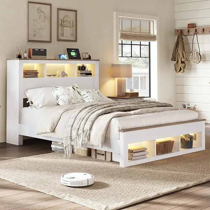 VanAcc Farmhouse Bed Frame with Storage Bookcase Headboard and Footboard, Modern Wood Platform Bed Frame with LED Lights, Wood Slats Support, No Box Spring Needed
