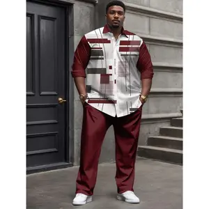 Men’s plus-size suit set – elastic long-sleeve button-up shirt and matching pants with a retro geometric grid pattern, V-neck lapel design, loose fit suitable for both casual and formal occasions; classic menswear GARMENTARY