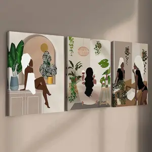 3-Piece Wood Frame Canvas Art Set, Modern Home Decor, Comfortable Plant Posters, Fashion Living Room Wall Art, High-Definition Print, Wooden Wall Art