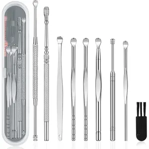 9 Pcs Ear Pick Earwax Removal Kit, Ear Cleansing Tool Set, Ear Wax Removal Tool, Ear Curette Ear Wax Remover Tool with a Cleaning Brush and Storage Box, Medical Grade, for Children and Adults,Silver