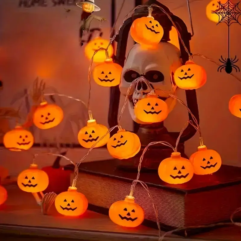20-LED Spooky Halloween Pumpkin String Lights, Jack-o'-Lantern String Lights, create a spooky atmosphere—perfect for home decor, fireplaces, parties, tree trunks, camping, doors and windows, restaurants, and fall decorations