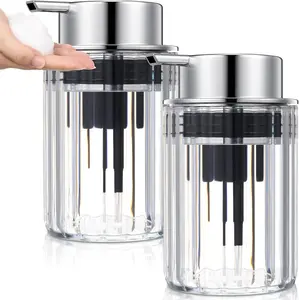 2 Pcs Refillable Foaming Hand Soap Dispenser 10 oz Plastic Dispenser Pump Foaming with Silver Pump for Bathroom Vanities Kitchen(Clear)