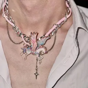 Dopamine Colorful Unicorn Choker Necklace Y2K Subculture Exaggerated Pendant Unique Design Clavicle Jewelry For Hot Girl Street Outfit Matching