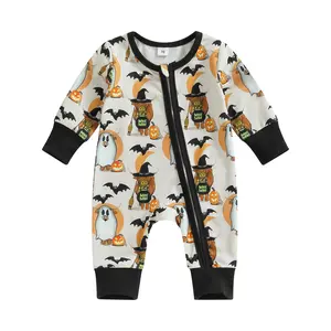 Halloween Baby Boy Clothes Pumpkin Ghost Long Sleeve Romper Zipper Onesie Jumpsuit Footless Playsuit Fall Outfits