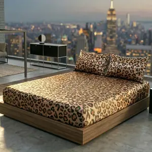 Leopard Print Satin 2/3 Piece Bedding Set, Silky Smooth Deep Pocket Fitted Sheet with Pillowcases, All Season Luxury Bedding for Bedroom Hotel Use bed sheet set
