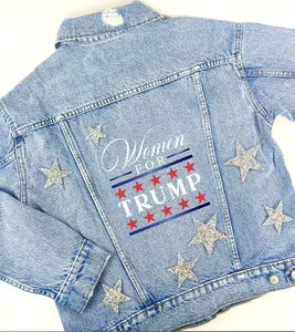 Personalized Custom Jean Denim Jacket Gift USA Flag Patriotic 2024 Western Republican Election United States Pro Donald Trump MAGA diamond rhinestone womens girl silver gold pink glitter red blue make america great again Womenswear Coats Tops Embroidery