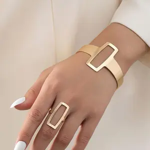 Rich. Jewelry. Trendy and minimalist geometric square hollow-out ring and bracelet set — jewelry gift for Mother’s Day
