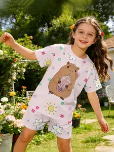 Light pink sunflower and capybara digital print set, a sweet and cute casual outfit. This T-shirt and shorts set is suitable for daily wear and outdoor sports, making it a perfect gift for girls.