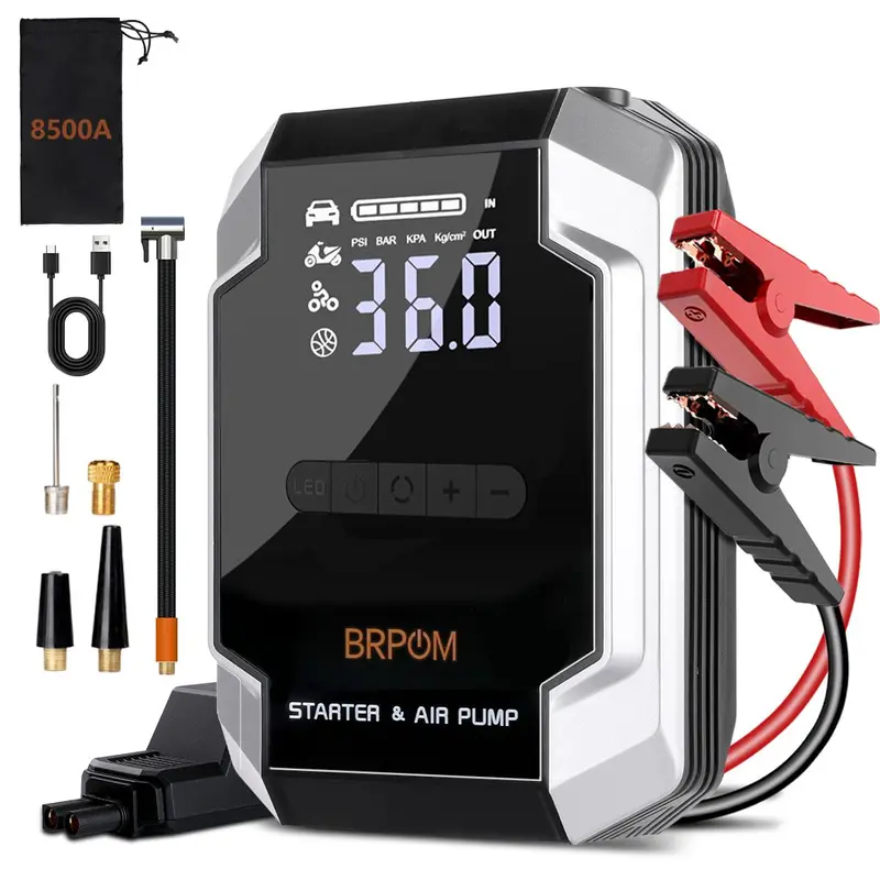 BRPOM [5 in 1] 8500A Portable Car JumpStarter with Air Compressor(ALL Gas, 10.0L Diesel) WithTire Inflator, 12V Car Battery JumpPower Fast charging With LED Light Jump starter