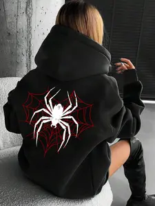 Women's Spider & Heart Print Drawstring Kangaroo Pocket Hoodie, Cute Sweatshirt Fashion Casual Drop Shoulder Hooded Sweatshirt for Daily Holiday Outdoor Wear, Women Clothing for Fall & Winter