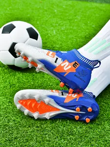 Blue Patchwork Parent-Child Soccer Shoes, Sporty Design, Flyknit + Tpu Material, Strong Grip, Lightweight Feel, Ideal for Training & Competition