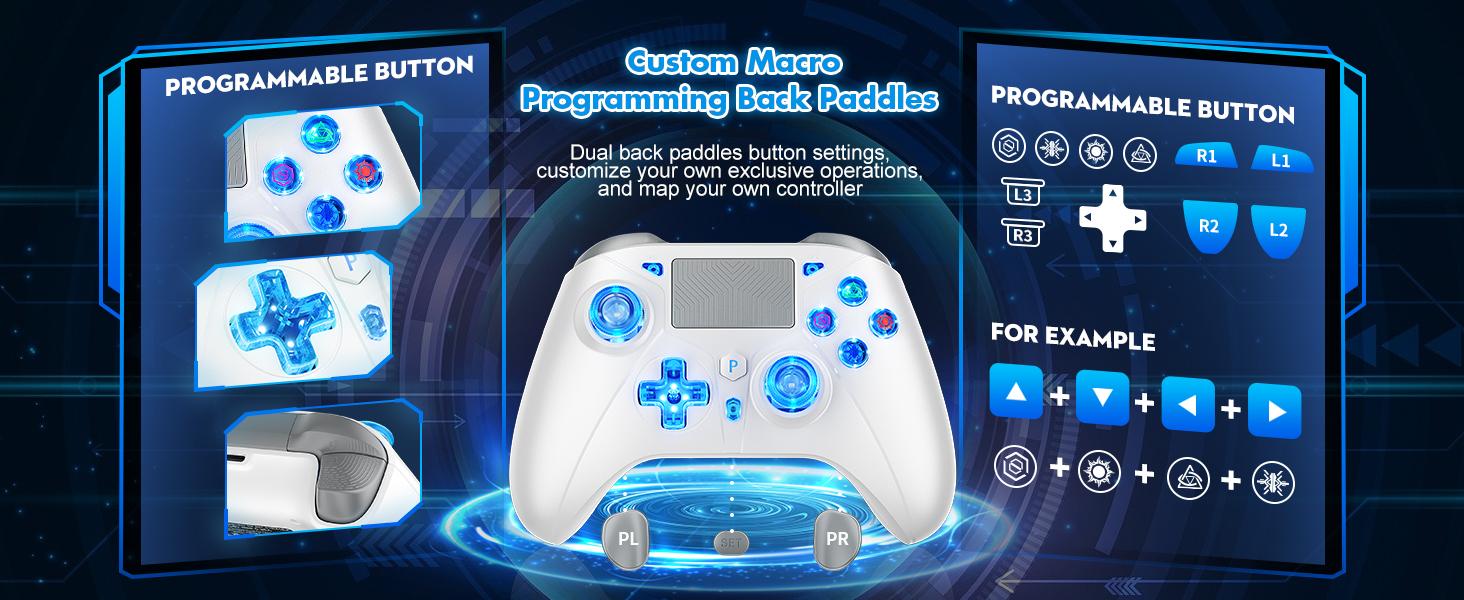 Wireless Controller for PS4, PS4 Pro, PS4 Slim with RGB Light, Turbo Function & Programmable Back Paddles – 1000mAh Fast Charging, 6-Axis Gyro, Dual Vibration, 3.5mm Audio Jack, 15H Game Time