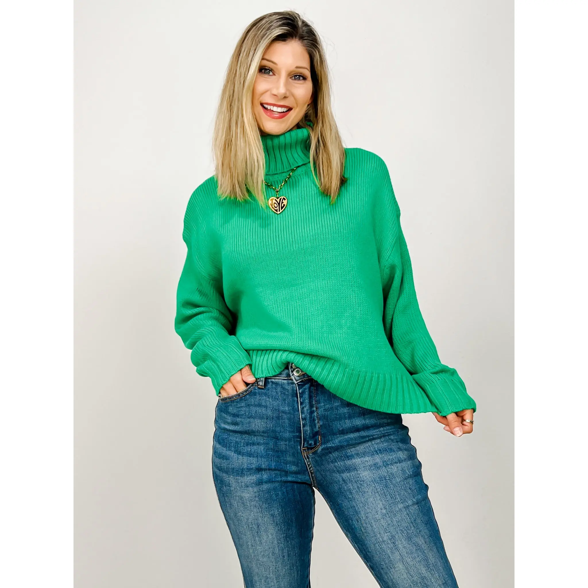 Solid High Neck Long Sleeve Loose Fit Knit Sweater
