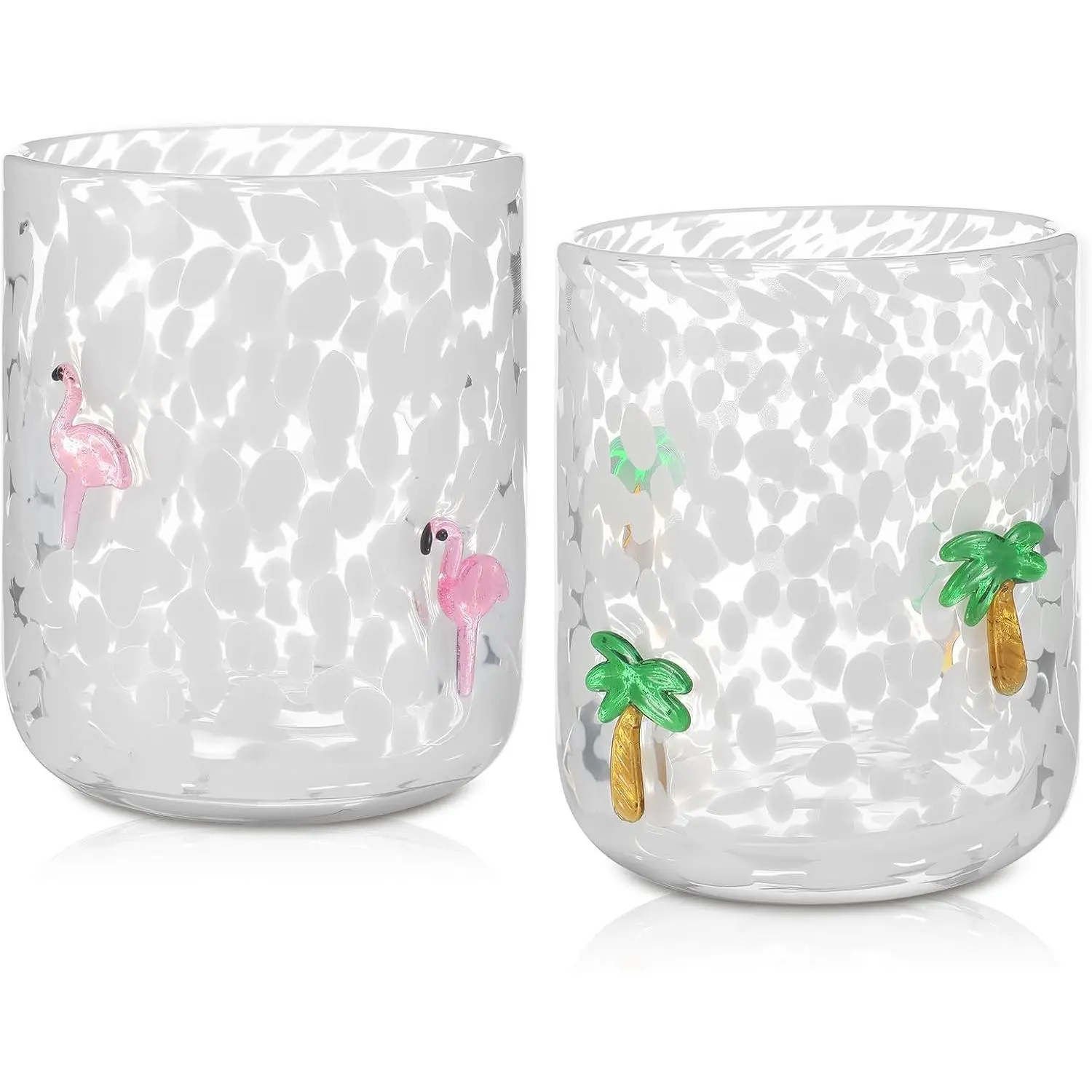 Women's 14oz Bright Graphic Glass Tumbler Glasses Set, 2-Piece Hand-Blown Stemless Double Old Fashioned Rocks Drinkware with Coconut Tree Icons, Tropical Party Holiday Gift