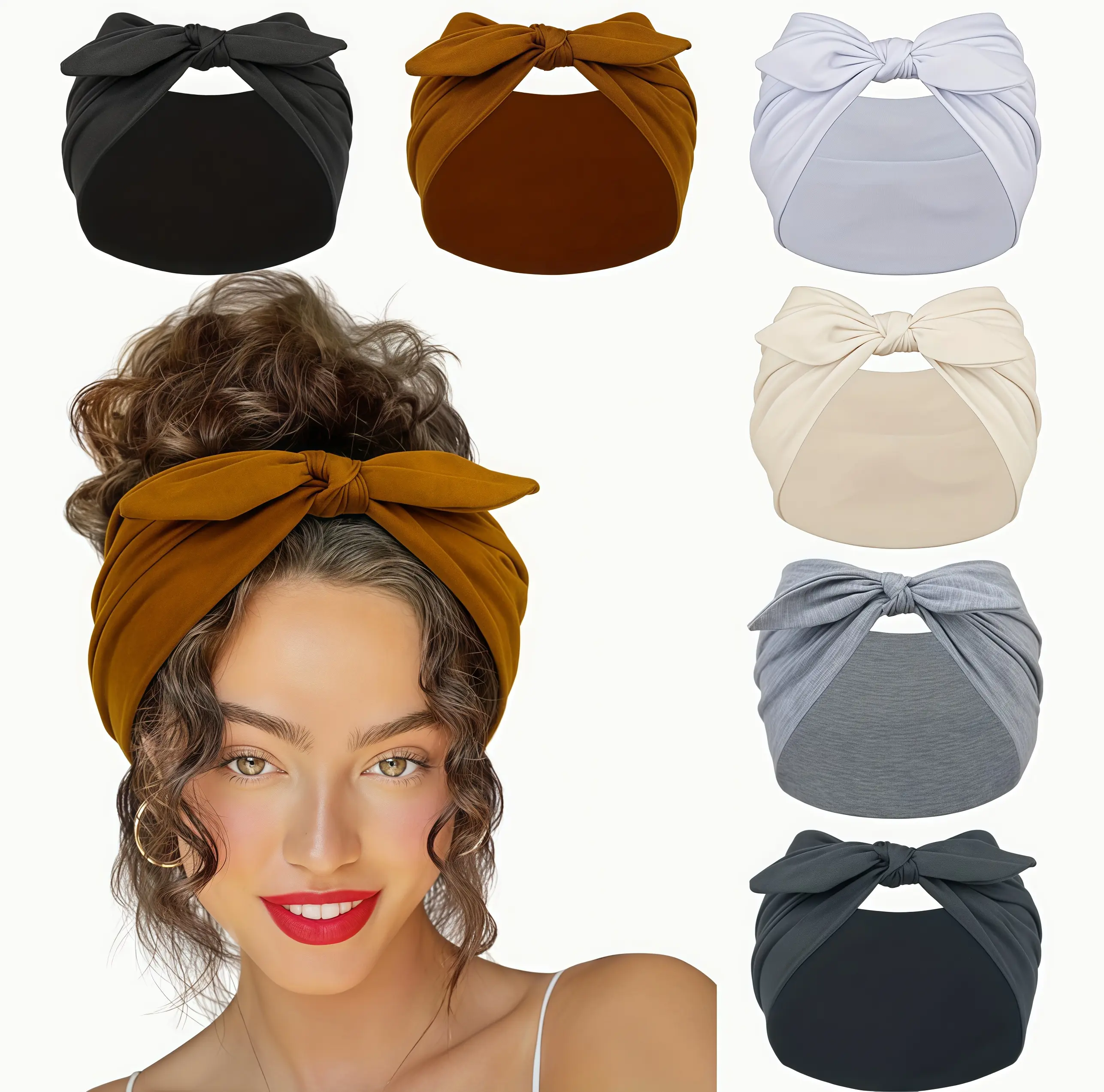 6 Pack Soft Stretch Turban Headbands for Women with Bow Decor, Non-Slip Wide Hair Wraps for Yoga and Daily Wear, Turban Head Wrap, Pre-Tied Bow, Wide Width, Stretchy Headbands, Athleisure Headbands